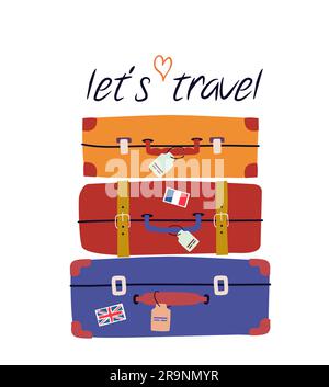 Illustration vectorielle avec valises rétro. Concept tendance pour le voyage et le tourisme avec des bagages colorés Illustration de Vecteur