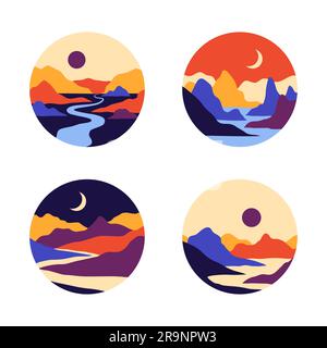 Vecteur abstrait esthétique contemporaine ensemble d'icônes rondes ou autocollants de paysages avec des montagnes, des routes, le lever du soleil, le coucher du soleil. Décoration murale boho pour f Illustration de Vecteur