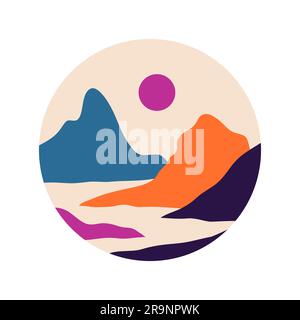 Vecteur abstrait esthétique contemporaine icône ronde ou autocollant de paysages avec montagnes, routes, lever du soleil, coucher de soleil. Décoration murale bohémien, style plat Illustration de Vecteur