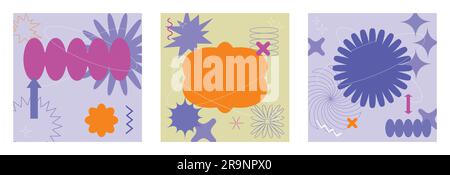 Ensemble vectoriel d'illustrations de cartes à la mode, abstraites, futuristes et de style Y2K avec des formes géométriques de memphis. Arrière-plan rétro 90s Pop Art pour Illustration de Vecteur