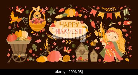 Le festival de la moisson est en cours. Mots-lettres dessinés à la main et symboles bonne récolte. Illustration de Vecteur