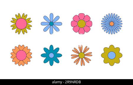 Ensemble vectoriel d'icônes de fleurs boho simples de style hippie, symboles. Modèles d'éléments de conception abstraits dans un style moderne minimaliste pour la marque, les médias sociaux, Illustration de Vecteur