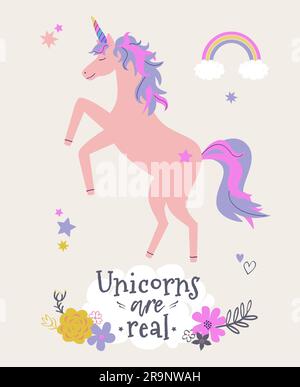 Illustration vectorielle mignonne de licorne avec fleurs et arc-en-ciel. Carte de vœux moderne magique ou affiche avec des licornes sont une expression réelle Illustration de Vecteur