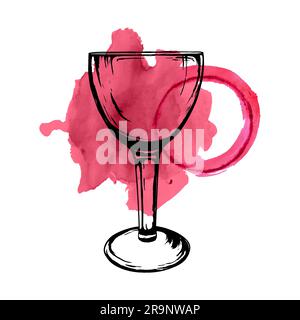 Illustration vectorielle d'un croquis de verre à vin avec taches de vin déversées isolées sur fond blanc. Style dessiné à la main. Illustration de Vecteur