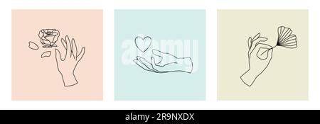 Ensemble vectoriel de logos de main femelle, icônes dans un style linéaire minimal. Modèles de conception d'emblème avec gestes à la main, rose, coeur et feuille de ginko pour cosmétiques, Illustration de Vecteur