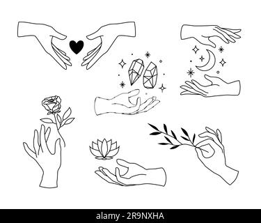 Ensemble vectoriel de logos de main femelle, icônes dans un style linéaire minimal. Modèles de conception d'emblème avec gestes de main, rose, lotus, coeur, lune et cristaux pour Illustration de Vecteur