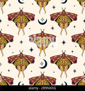 Vecteur magie céleste sans couture modèle avec lune, étoiles et mythes mystiques. Boho abstrait ésotérique fond avec des papillons pour la mode, le tissu, le tex Illustration de Vecteur
