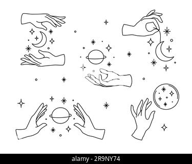 Ensemble vectoriel de logos de main femelle, icônes dans un style linéaire minimal. Modèles de conception d'emblème avec des gestes de main, lune, étoiles et planète pour les cosmétiques, mani Illustration de Vecteur