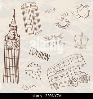 Ensemble vectoriel de symboles londoniens dessinés à la main Illustration de Vecteur