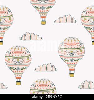 Motif vectoriel sans couture avec ballon d'air chaud et nuages Illustration de Vecteur