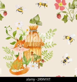 Un renard près d'une ruche avec des fleurs. Motif aquarelle sans coutures avec abeilles et renard. Design pour enfants. L'illustration est dessinée à la main. Banque D'Images