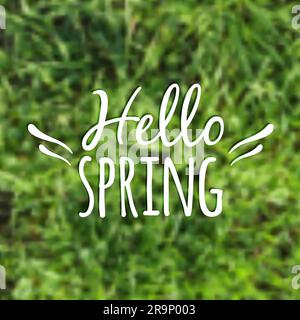 Illustration vectorielle floue avec herbe et phrase typographique « Hello Spring » Illustration de Vecteur