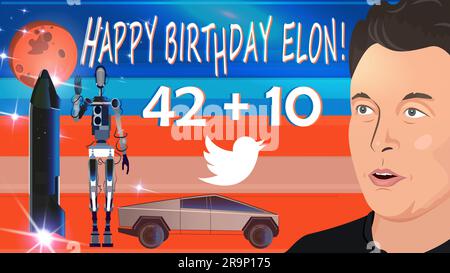 28 juin 2023, Elon Musk a écrit un nouveau tweet 42 plus 10. Une illustration comique des voeux d'anniversaire d'Elon Musk. Banque D'Images