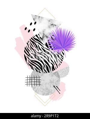 Arrière-plan géométrique vectoriel tendance avec pierres de marbre, textures de coodle, feuilles de palmier, imprimé zèbre animal. Formes géométriques dans un style moderne minimal avec Illustration de Vecteur
