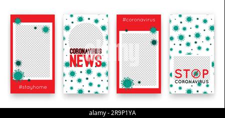 Modèles vectoriels définis avec un modèle de virus pour les histoires de réseaux sociaux. Affiches verticales avec coronavirus chinois 2019-nCoV. COVID-19 nouvelles, épidémie Illustration de Vecteur
