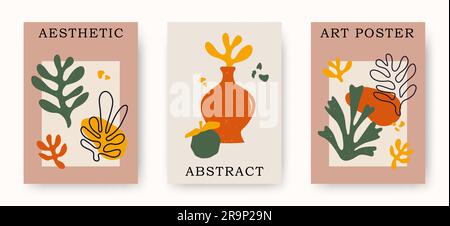 Ensemble vectoriel d'affiches contemporaines avec des pots abstraits dessinés à la main et des coraux fleuris. Illustrations fleuries originales inspirées de Matisse. Illustration de Vecteur