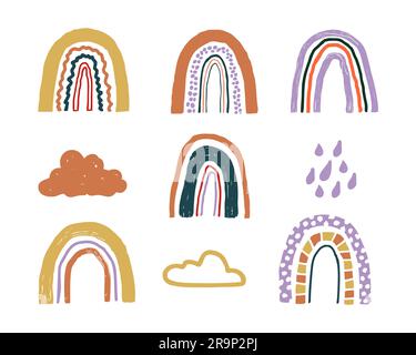 Ensemble vectoriel avec arcs-en-ciel, nuages et gouttes de pluie dessinés à la main. Éléments scandinaves créatifs pour le tissu, l'emballage, le textile, le papier peint et les vêtements Illustration de Vecteur