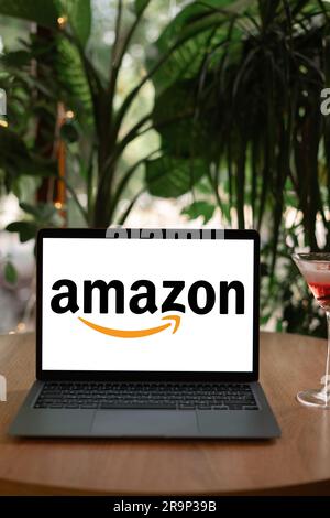 Odessa, Ukraine - 14 juin 2023: Ordinateur portable affichant le logo d'Amazon, le plus grand site de shopping en ligne et l'application. Banque D'Images
