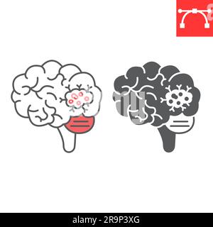 Ligne de cancer du cerveau et icône de glyphe, oncologie et traitement, icône de vecteur de tumeur du cerveau, graphiques vectoriels, contour de trait modifiable et signe plein, eps 10. Illustration de Vecteur