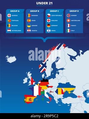 Pays participant au tournoi européen de football des moins de 21 ans en 2023 mis en évidence sur une carte européenne. Conception verticale. Illustration de Vecteur