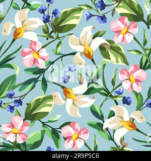 Motif floral avec fleurs roses, blanches et bleues et feuilles vertes sur fond bleu. Imprimé fleuri sans couture. Illustration vectorielle Illustration de Vecteur