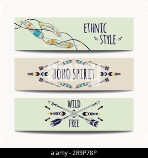 Ensemble vectoriel de bannières ethniques abstraites avec flèches, plumes et ornements géométriques. Modèles de brochure de conception de boho. Décor tribal moderne et coloré Illustration de Vecteur