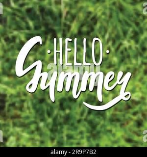 Illustration vectorielle avec lettrage « Hello Summer » et arrière-plan flou avec de l'herbe Illustration de Vecteur