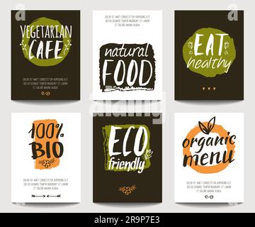 Ensemble Vector avec modèles d'aliments écologiques et biologiques. Des affiches végétariennes tendance pour les flyers, les bannières, les menus de restaurant ou de café. Nourriture naturelle a Illustration de Vecteur