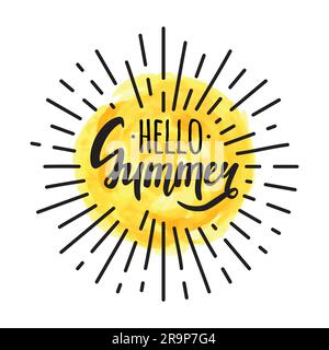 Illustration vectorielle avec inscription « Hello Summer », soleil rétro et aquarelle Illustration de Vecteur