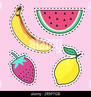 Ensemble vectoriel avec badges de fruits mignons : banane, pastèque, citron, fraise. Collection estivale tendance d'autocollants, de épingles, de patchs dans des bandes dessinées de dessins animés Illustration de Vecteur