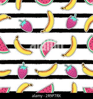 Motif vectoriel sans couture avec badges de fruits mignons : banane, pastèque et fraise sur fond rayé. Collection d'autocollants tendance pour l'été, p. Illustration de Vecteur