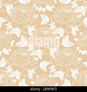 Pivoines blanches sur fond beige gravées à la main. Motif fleuri sans couture. Impression de fleurs monochromes pour textiles, papiers peints, emballages, papier, vecteur Illustration de Vecteur