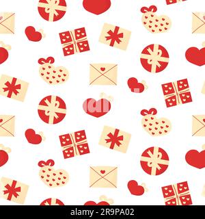 Motif sans couture avec boîtes-cadeaux rouges pour la Saint-Valentin ou noël. Boucles et lignes pour l'emballage du papier. Illustration de Vecteur