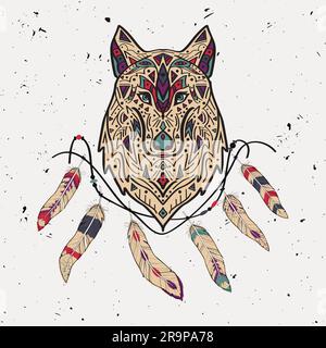 Illustration vectorielle colorée du loup de style tribal avec ornements ethniques, plumes, fils. Motifs amérindiens. Motif bohémien. Illustration de Vecteur