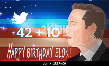 28 juin 2023, Elon Musk a écrit un nouveau tweet 42 plus 10. Elon Musk joyeux anniversaire. Banque D'Images