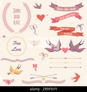 Ensemble de mariage vectoriel avec oiseaux, coeurs, flèches, rubans, couronnes, fleurs, arcs, laurier. Illustration de Vecteur