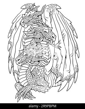 Page de coloriage Dragon à trois têtes. Illustration fantastique avec créature mythique. Feuille de coloriage de dessin. Banque D'Images