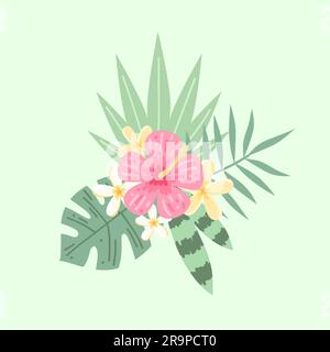 Fleurs et feuilles d'été, hibiscus et plumeria dessinés à la main illustration vectorielle colorée et tendance Illustration de Vecteur