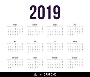 Modèle vectoriel du calendrier 2019. La semaine commence le dimanche Illustration de Vecteur