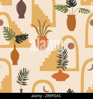 Motif vectoriel contemporain sans couture avec plantes abstraites dessinées à la main, pots, escaliers marocains, arche. Bohème minimaliste créatif du milieu du siècle Illustration de Vecteur