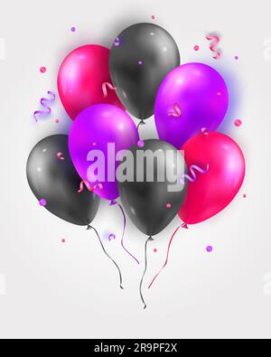 Ensemble vectoriel de ballons volants air 3D, rubans et confettis. Décoration de fête pour anniversaire, anniversaire, célébration, design d'événement. Illustration de Vecteur