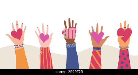Illustration tendance Vector avec différentes mains tenant le cœur. Concept de donner et de partager l'amour aux gens, le bénévolat, la charité, la coopération Illustration de Vecteur