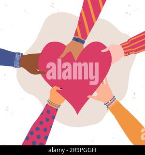 Illustration tendance Vector avec différentes mains tenant le cœur. Concept de donner et de partager l'amour aux gens, le bénévolat, la charité, la coopération Illustration de Vecteur