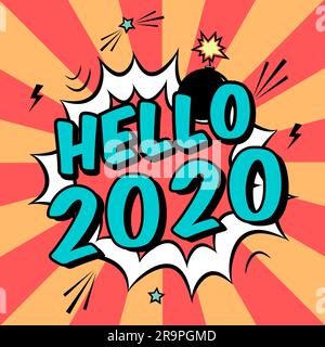 Affiche vectorielle colorée 2020 en style pop art avec bombe explosive. Les bandes dessinées modernes bonne illustration du nouvel an avec des bulles de parole et des rayons Illustration de Vecteur