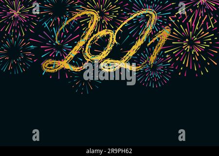 Illustration vectorielle 2021 BONNE ANNÉE texte dessiné à la main lettrage et feux d'artifice. Affiche typographique, bannière, carte de vœux pour impression, modèle de conception f Illustration de Vecteur