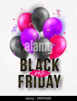 Affiche de solde Vector Black Friday avec ballons brillants, rubans et confettis. Modèle pour affiches publicitaires, bannières, prospectus, dépliants, cartes. Illustration de Vecteur