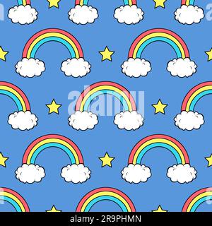 Motif vectoriel sans coutures avec de jolis arcs-en-ciel, nuages et étoiles Illustration de Vecteur