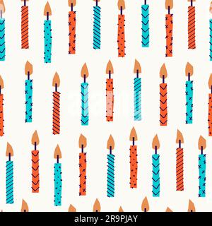 Motif vectoriel sans couture de bougies de gâteau d'anniversaire avec lignes et points ornement. Célébration, carte postale de vœux en toile de fond, papier cadeau de fête pour l'avant-saison Illustration de Vecteur