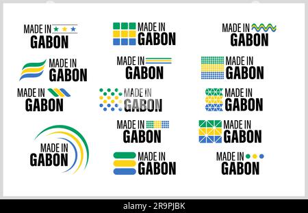 Ensemble de motifs et d'étiquettes fabriqués au Gabon. Élément d'impact pour l'utilisation que vous voulez en faire. Illustration de Vecteur