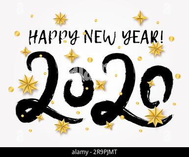 Illustration vectorielle avec 2020 caractères écrits à la main avec des étoiles de Noël dorées isolées sur fond blanc. Bannière de bienvenue du nouvel an tendance, Illustration de Vecteur